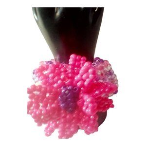 Neon Pink Flower On 3d Kandi Cuff-Pink and Purple Sparkle with Orange Glow Beads